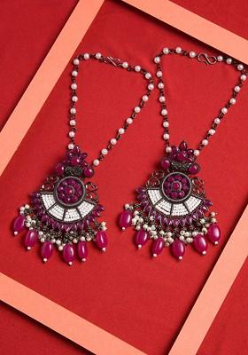 Silver Oxidised Silver Toned And Pink Crescent Shaped Drop Earrings