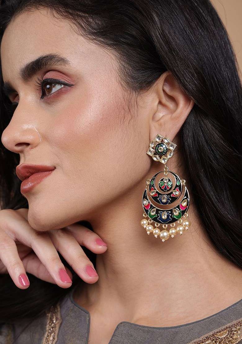 Blue Gold Plated Crescent Shaped Meenakari Chandbalis - Indya