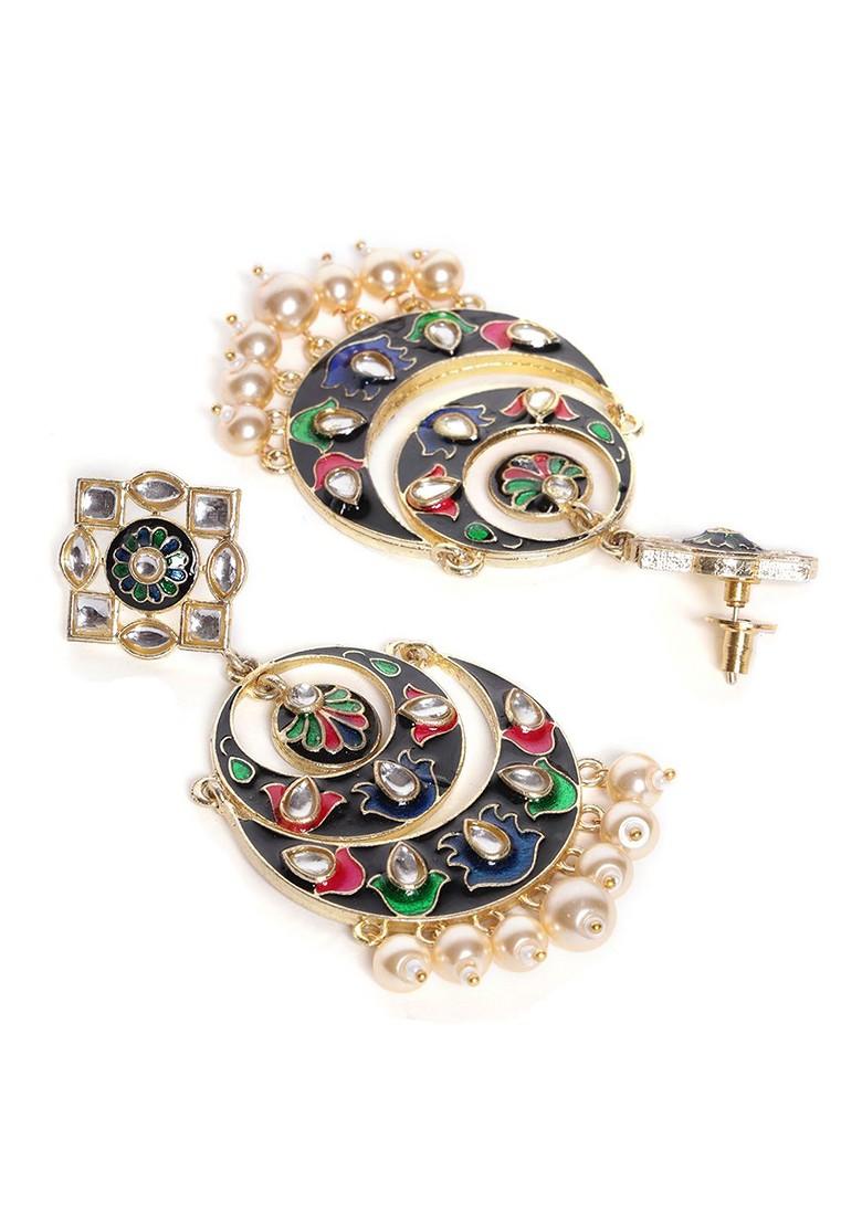 Blue Gold Plated Crescent Shaped Meenakari Chandbalis