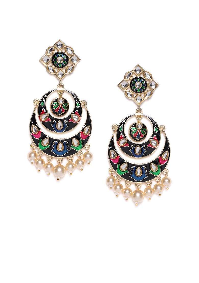 Blue Gold Plated Crescent Shaped Meenakari Chandbalis - Indya