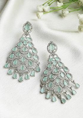 Silver Silver Plated Kundan Studded Teardrop Shaped Drop Earrings