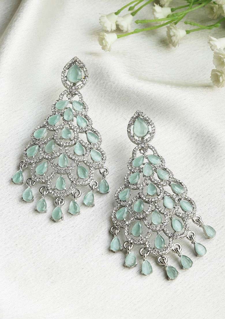 Silver Silver Plated Kundan Studded Teardrop Shaped Drop Earrings - Indya