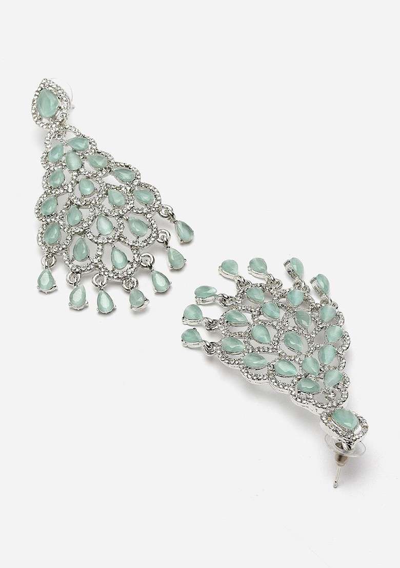 Silver Silver Plated Kundan Studded Teardrop Shaped Drop Earrings - Indya