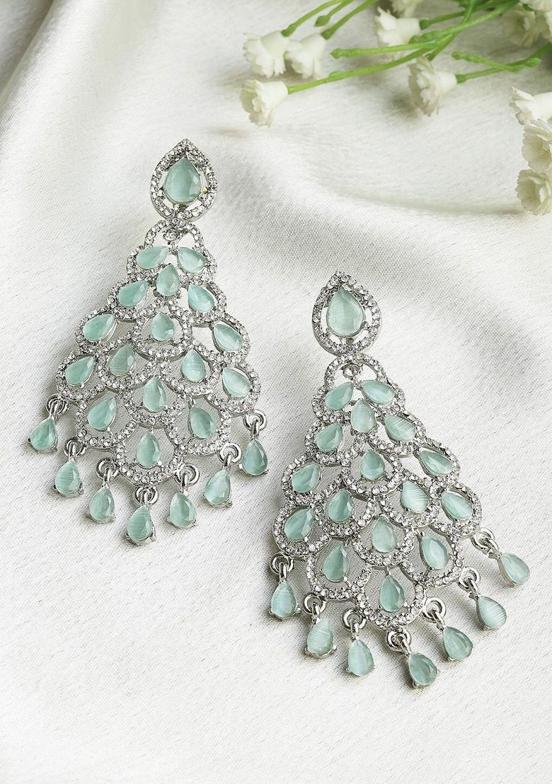 Silver Silver Plated Kundan Studded Teardrop Shaped Drop Earrings