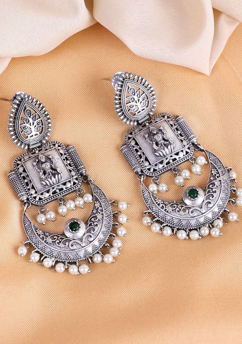Silver Silver Plated Beads Beaded Classic Oxidised Drop Earrings - Indya