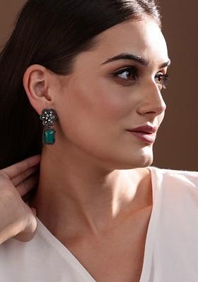 Silver Rhodium Plated Cz Studded Contemporary Drop Earrings