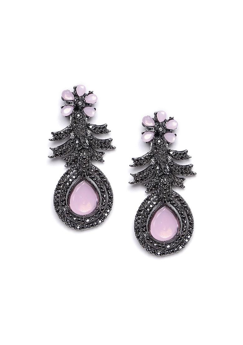 Silver Rhodium Plated Cz Studded Contemporary Drop Earrings