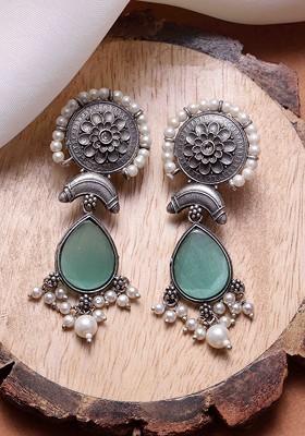 Silver Silver Plated Cubic Zirconia Oxidized Drop Earrings