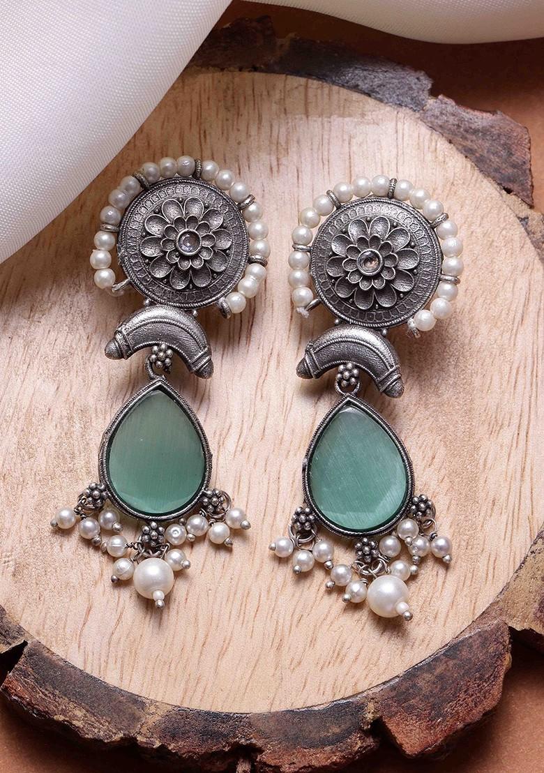 Silver Silver Plated Cubic Zirconia Oxidized Drop Earrings