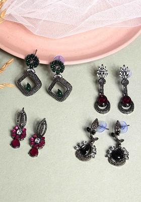 Silver Pack Of 8 Silver Plated Cubic Zirconia Studded Drop Earrings