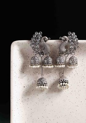 Silver Silver Plated Artificial Beads Peacock Shaped Drop Earrings