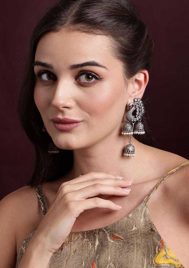 Silver Silver Plated Artificial Beads Peacock Shaped Drop Earrings