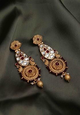 22Ct Gold Plated Kundan Studded Floral Shaped Drop Earrings