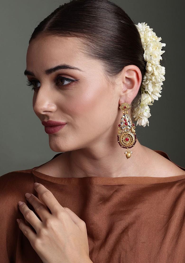22Ct Gold Plated Kundan Studded Floral Shaped Drop Earrings