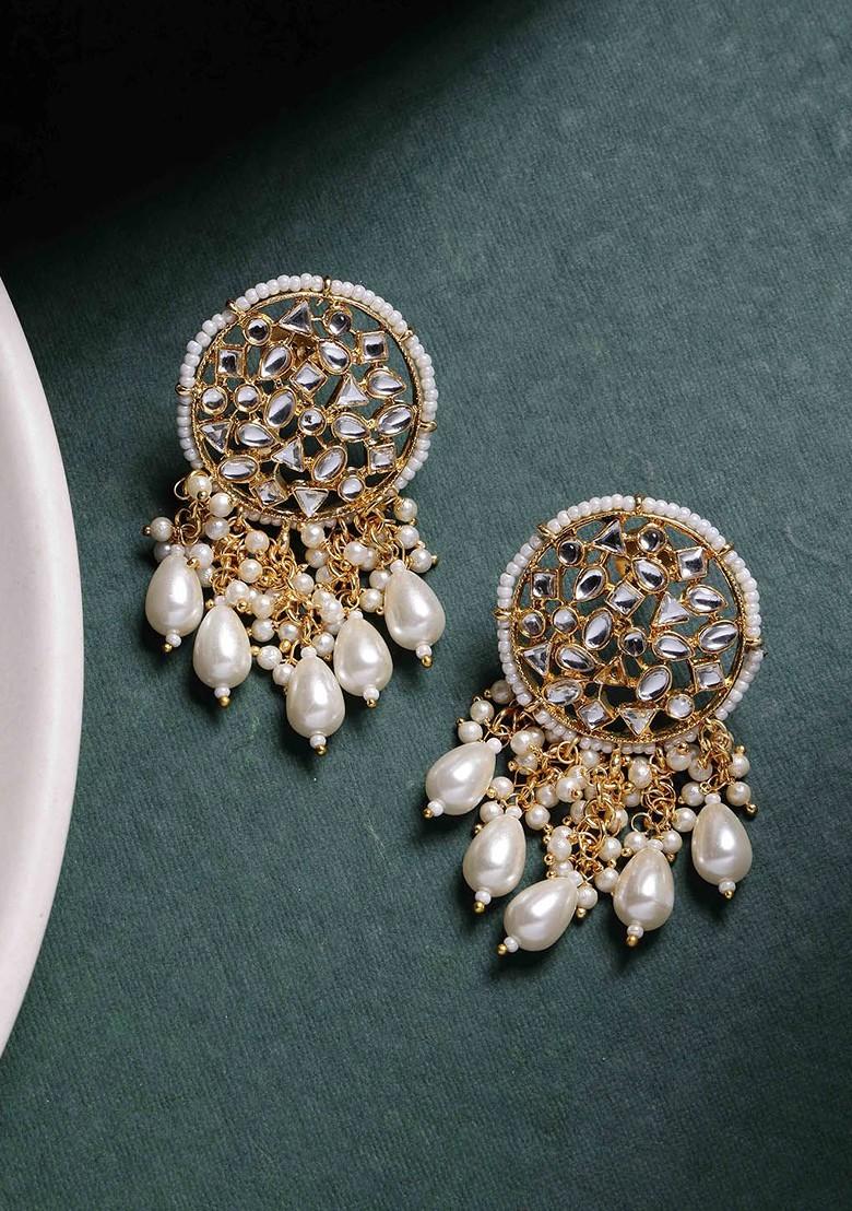 Gold Plated Kundan Contemporary Drop Earrings