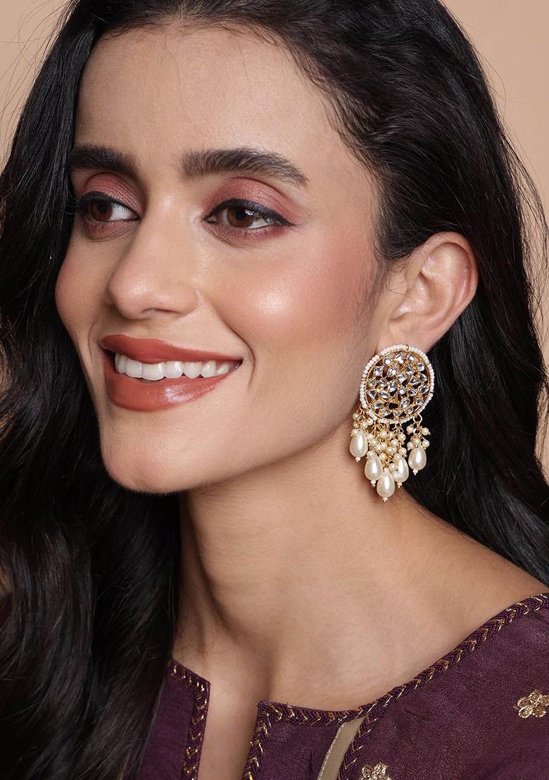 Gold Plated Kundan Contemporary Drop Earrings