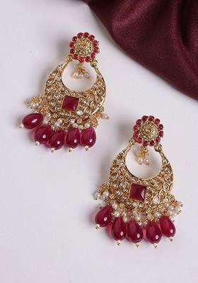 Gold Plated Contemporary Stone Studded And Beaded Drop Earrings