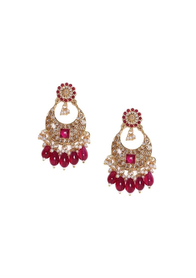 Gold Plated Contemporary Stone Studded And Beaded Drop Earrings
