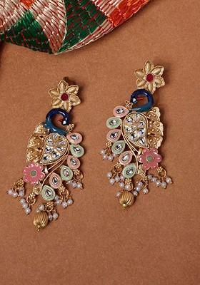 Gold Plated Cubic Zirconia Peacock Shaped Drop Earrings