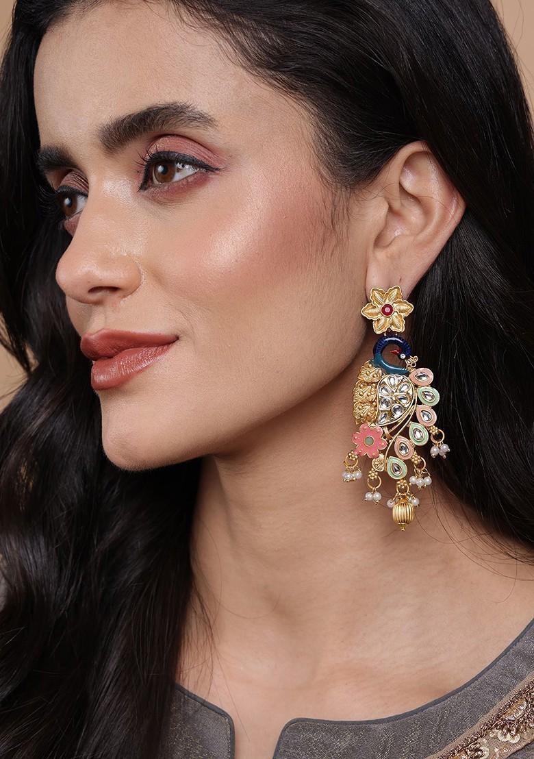 Gold Plated Cubic Zirconia Peacock Shaped Drop Earrings