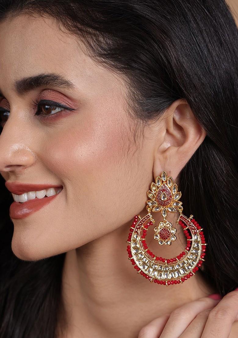 Gold Plated Kundan Contemporary Drop Earrings