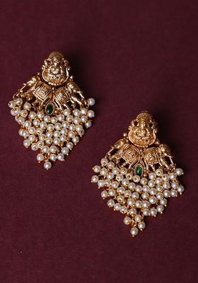 Gold Plated Cubic Zirconia Studded Peacock Shaped Drop Earrings