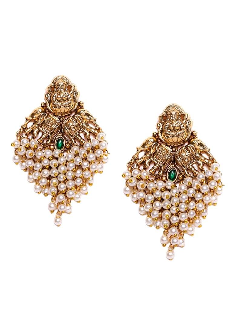 Gold Plated Cubic Zirconia Studded Peacock Shaped Drop Earrings