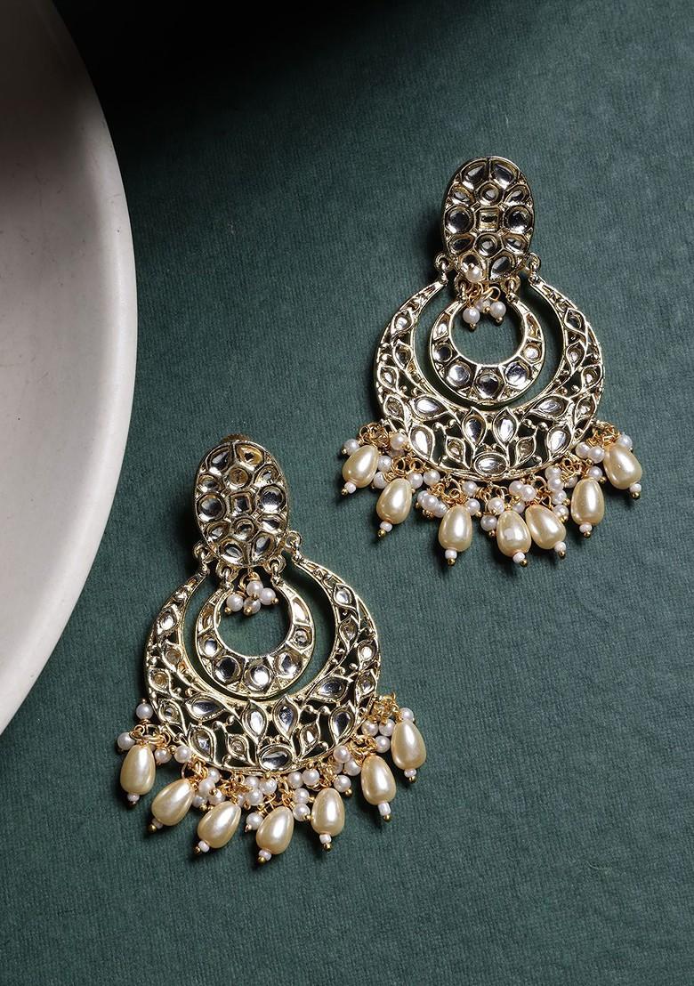 Gold Plated Artificial Stones Studded And Beaded Contemporary Shaped Drop Earrings