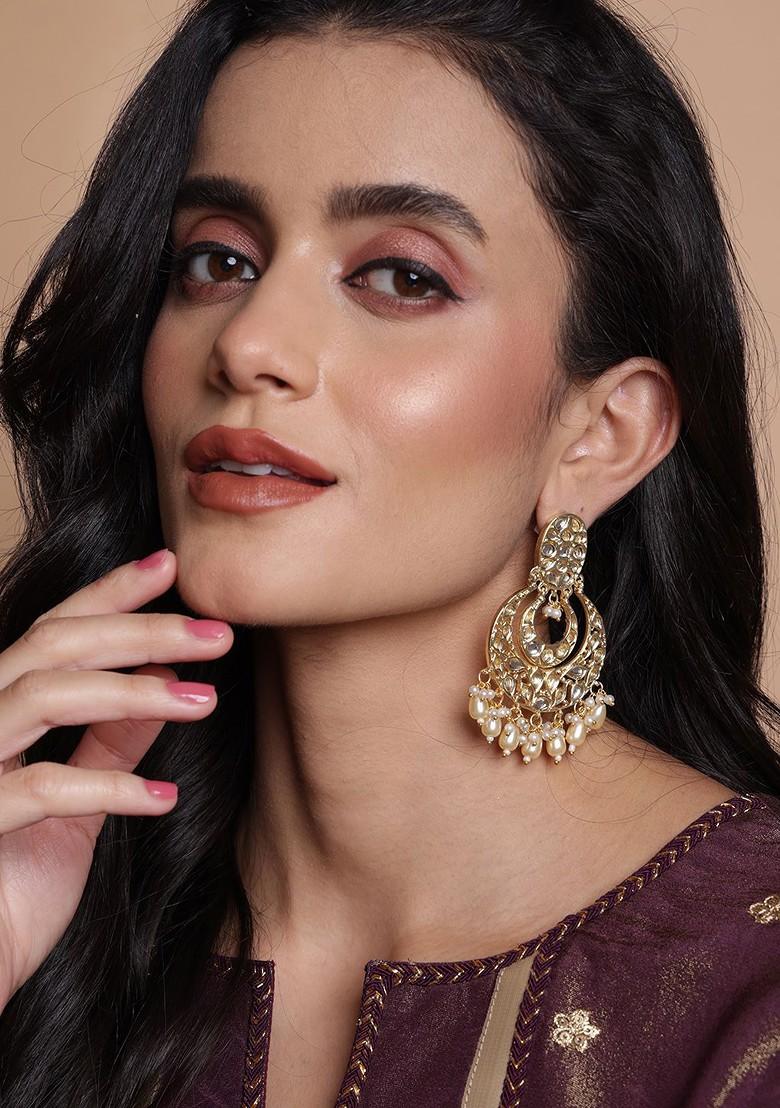 Gold Plated Artificial Stones Studded And Beaded Contemporary Shaped Drop Earrings