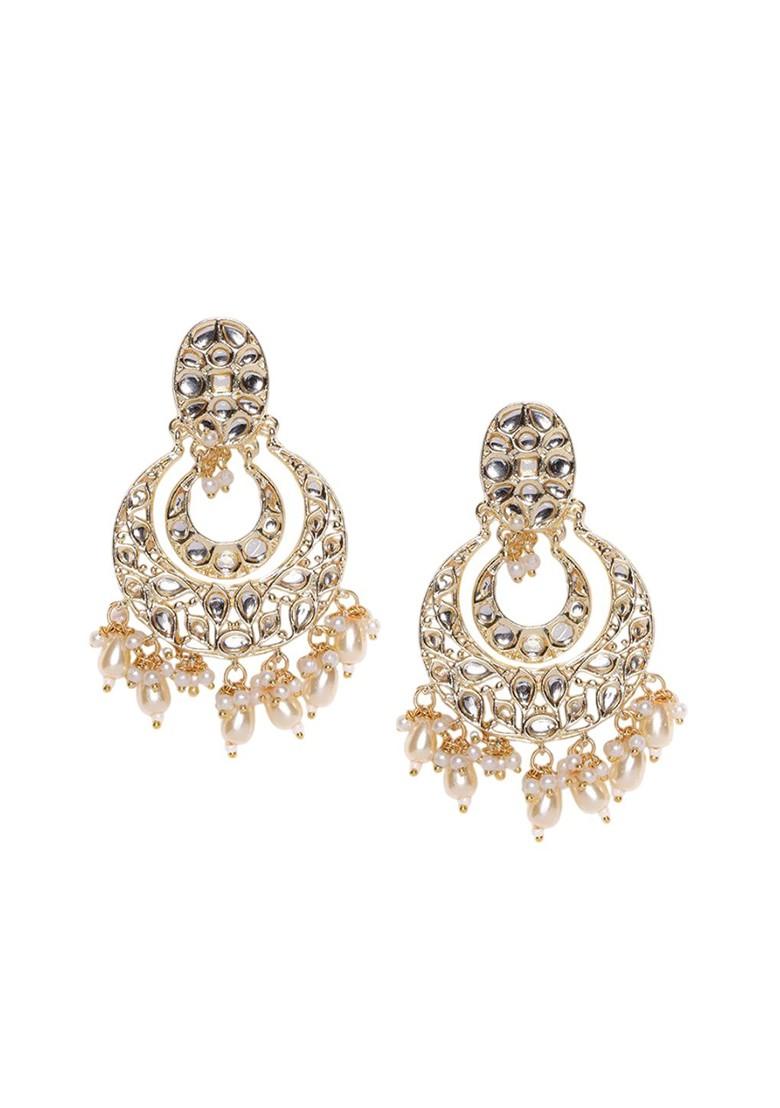 Gold Plated Artificial Stones Studded And Beaded Contemporary Shaped Drop Earrings