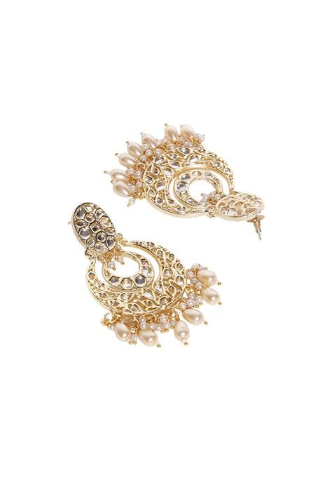 Gold Plated Artificial Stones Studded And Beaded Contemporary Shaped Drop Earrings
