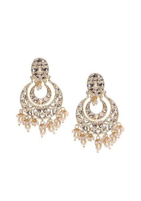 Gold Plated Artificial Stones Studded And Beaded Contemporary Shaped Drop Earrings
