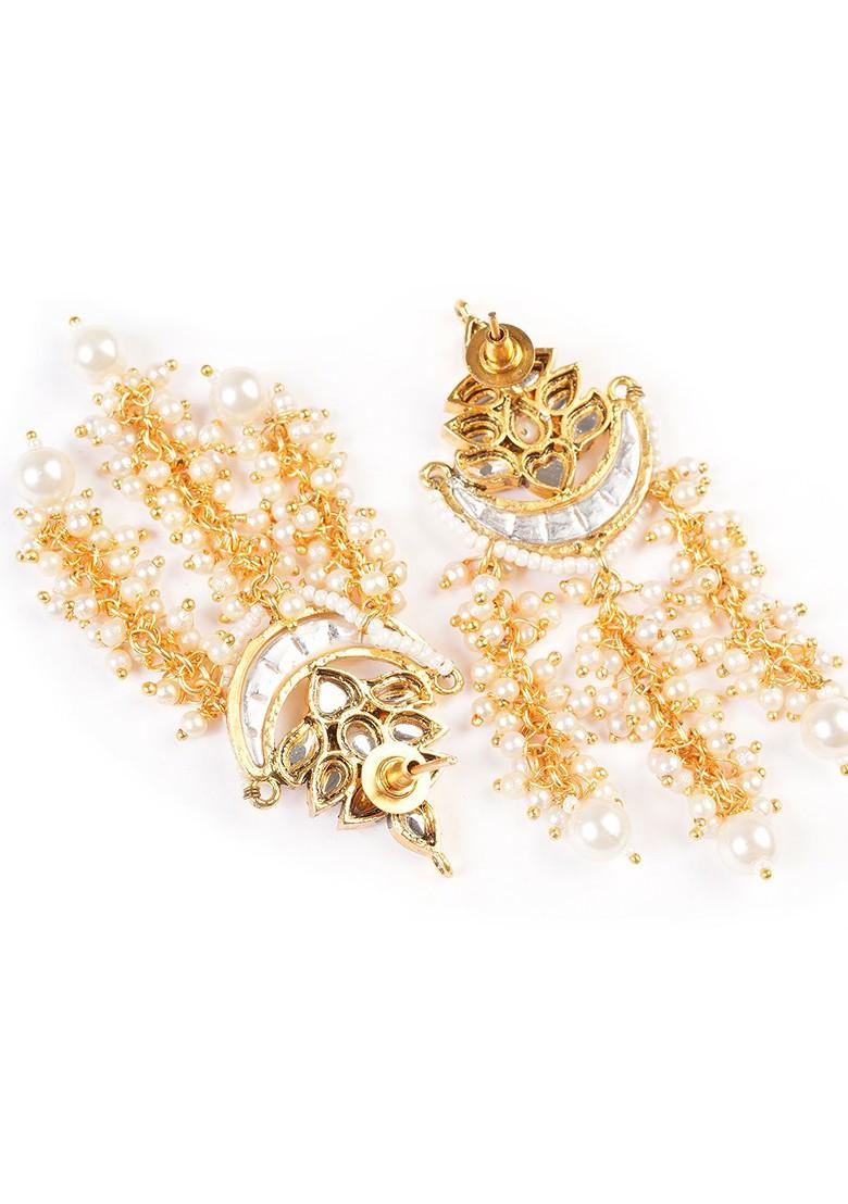 Gold Plated Artificial Stones Studded And Beaded Contemporary Shaped Drop Earrings