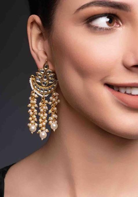 Gold Plated Artificial Stones Studded And Beaded Contemporary Shaped Drop Earrings