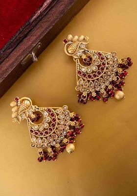 Gold Plated Artificial Stones Studded And Beaded Crescent Shaped Drop Earrings