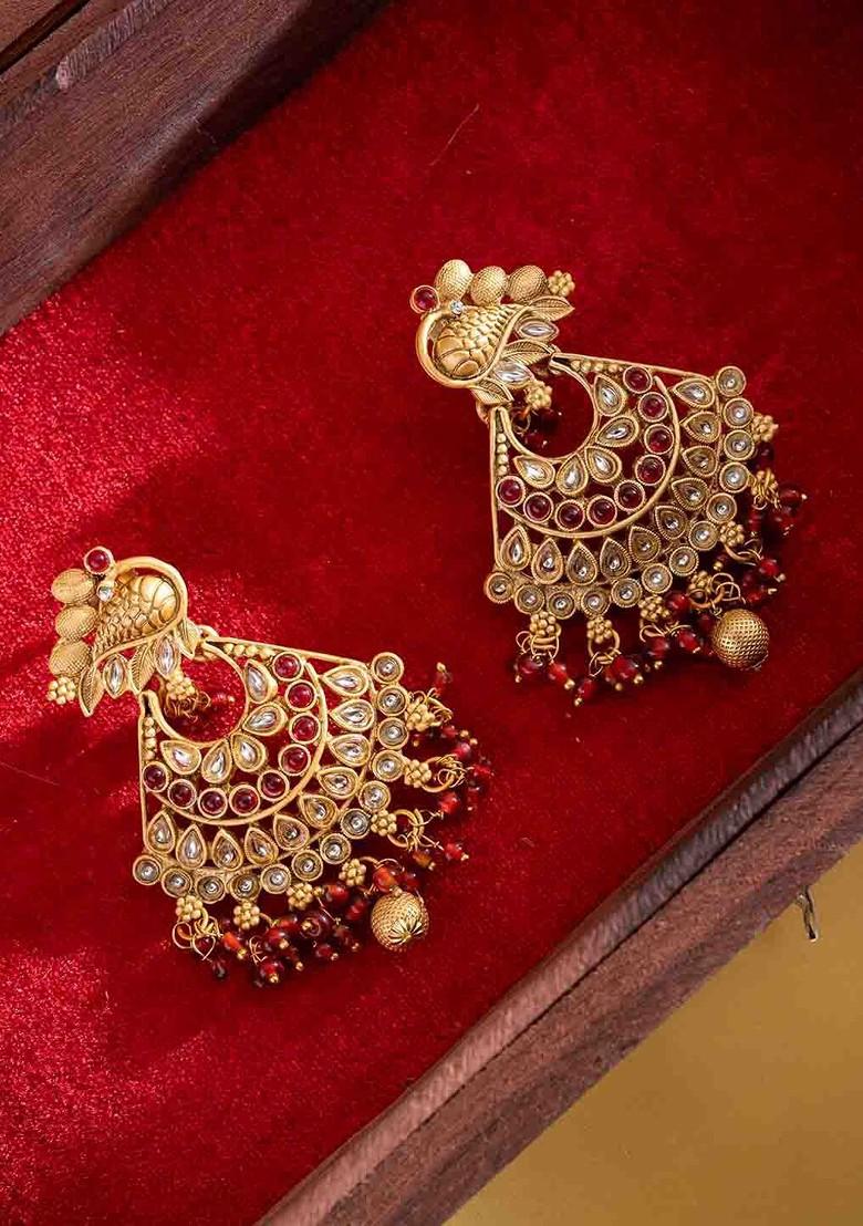 Gold Plated Artificial Stones Studded And Beaded Crescent Shaped Drop Earrings