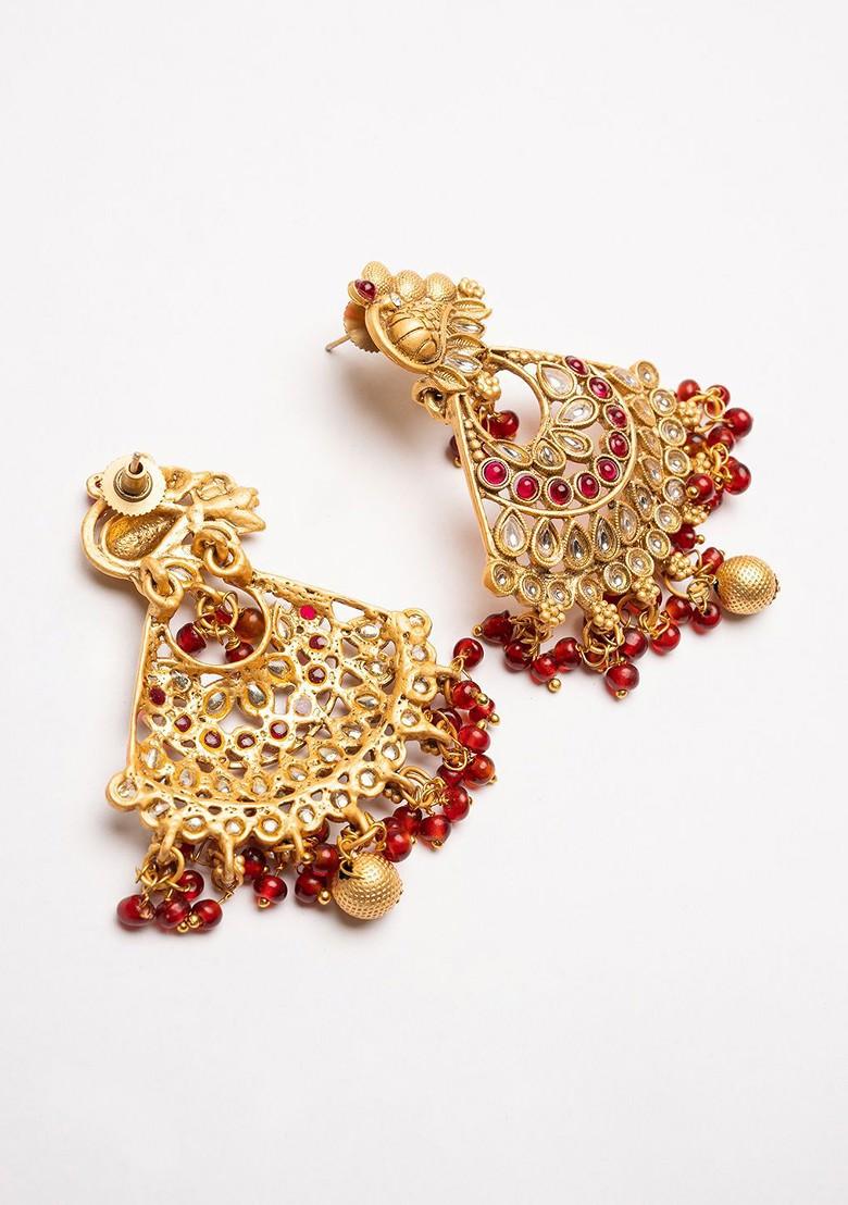 Gold Plated Artificial Stones Studded And Beaded Crescent Shaped Drop Earrings