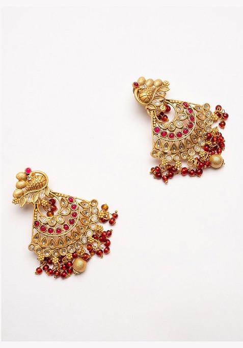 Gold Plated Artificial Stones Studded And Beaded Crescent Shaped Drop Earrings