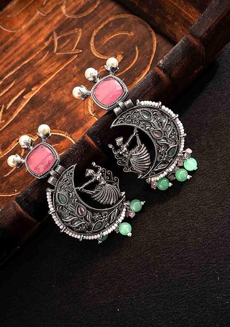 Silver Silver Plated Stones Studded And Beaded Contemporary Shaped Oxidized Drop Earrings