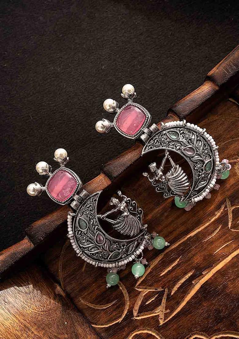 Silver Silver Plated Stones Studded And Beaded Contemporary Shaped Oxidized Drop Earrings