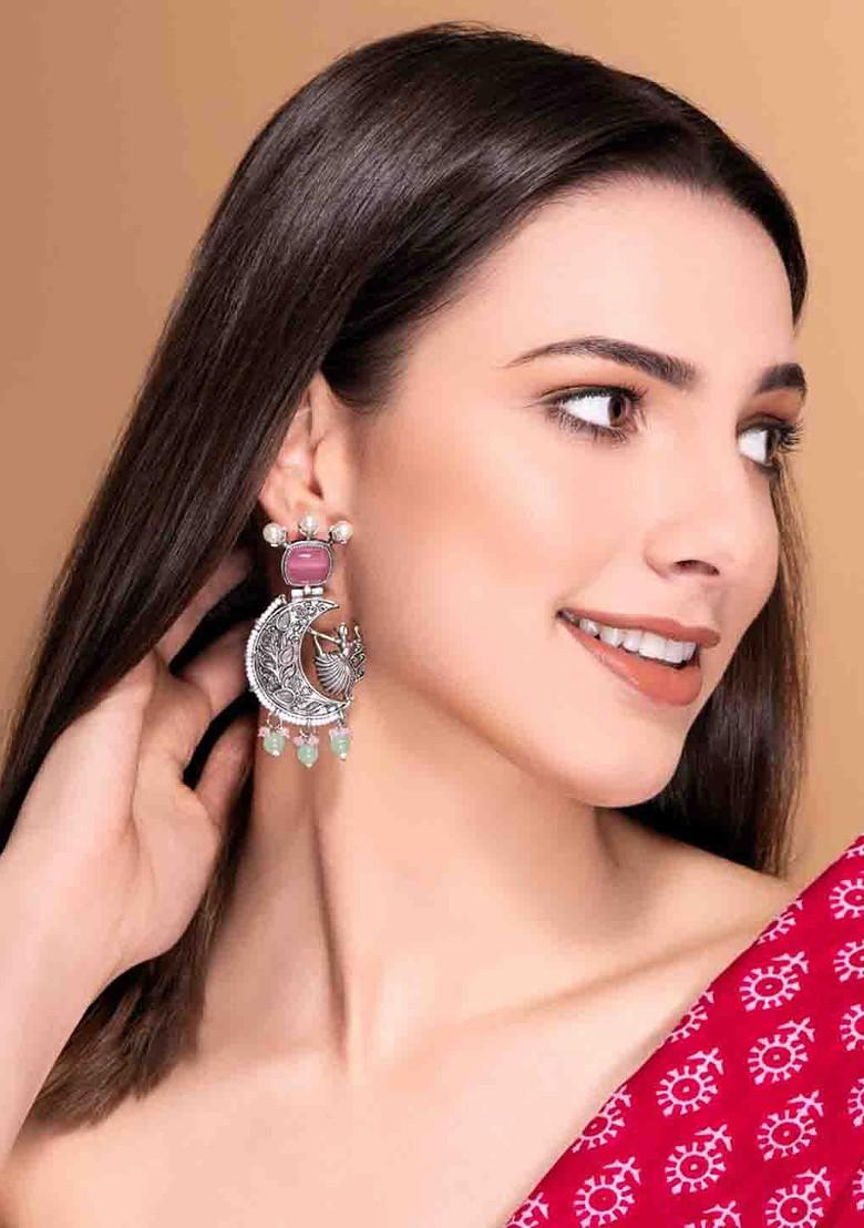 Silver Silver Plated Stones Studded And Beaded Contemporary Shaped Oxidized Drop Earrings