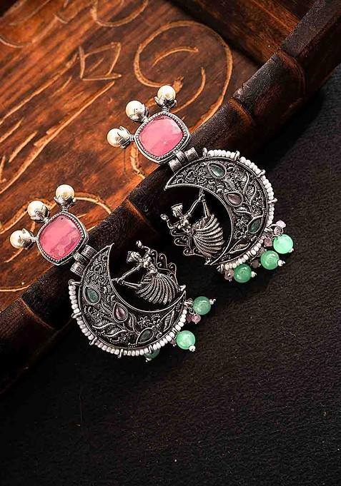 Silver Silver Plated Stones Studded And Beaded Contemporary Shaped Oxidized Drop Earrings