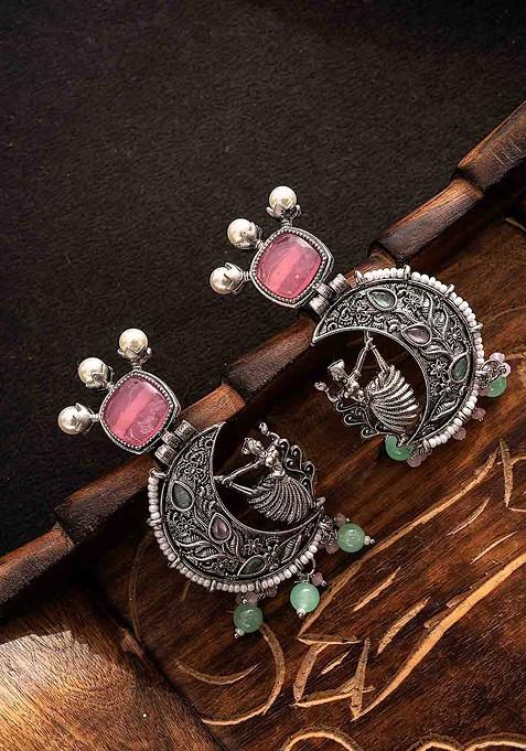 Silver Silver Plated Stones Studded And Beaded Contemporary Shaped Oxidized Drop Earrings