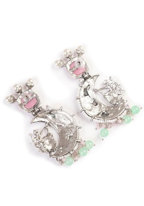 Silver Silver Plated Stones Studded And Beaded Contemporary Shaped Oxidized Drop Earrings