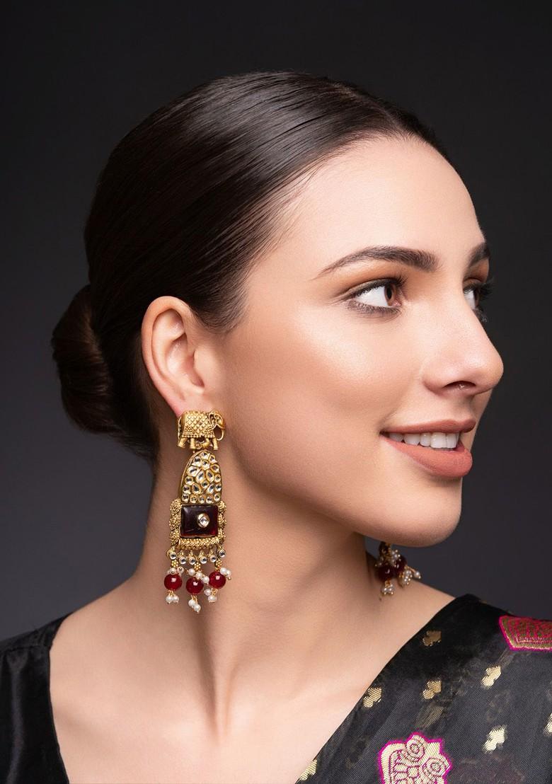Gold Plated Artificial Stones Studded And Beaded Contemporary Shaped Drop Earrings