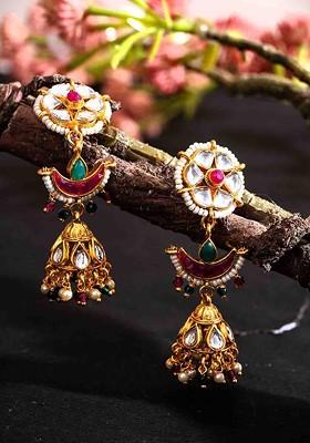 Gold Plated Artificial Stones Studded And Beaded Contemporary Shaped Jhumkas