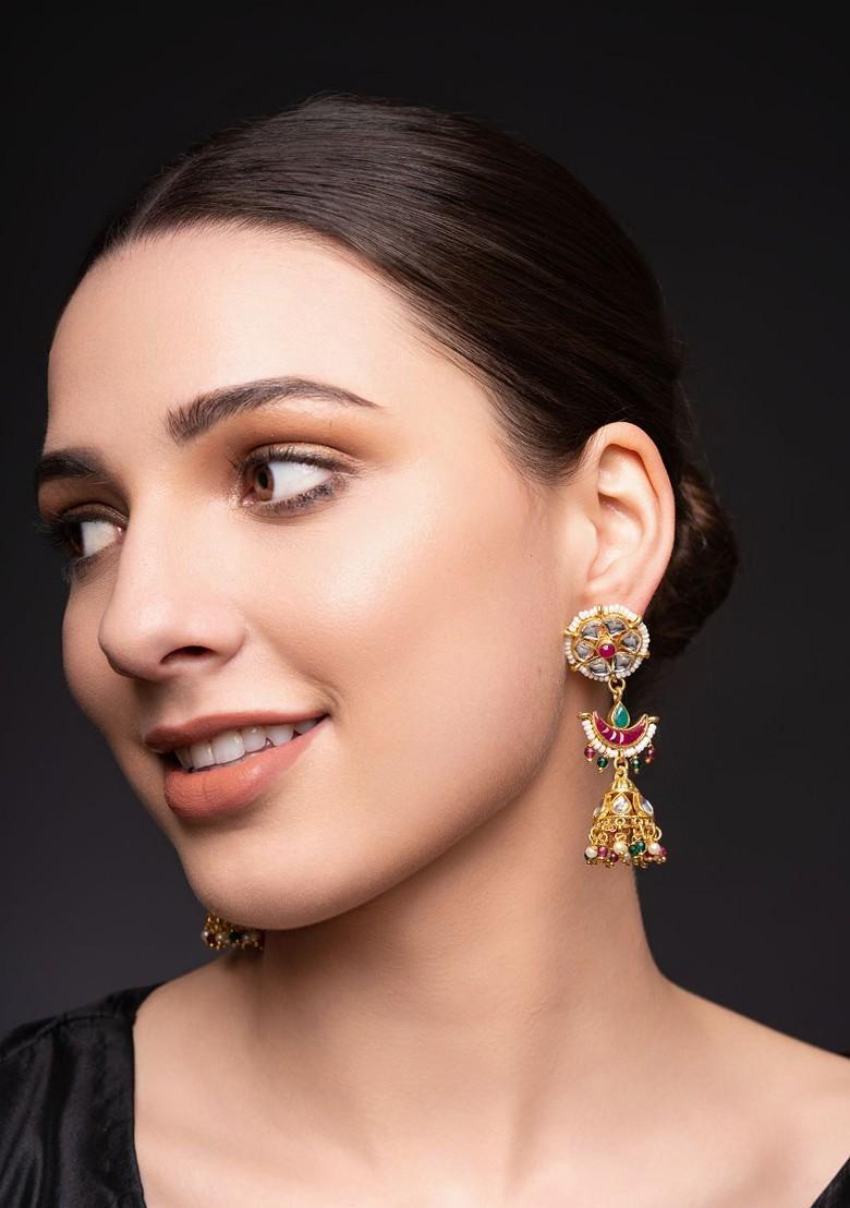 Gold Plated Artificial Stones Studded And Beaded Contemporary Shaped Jhumkas
