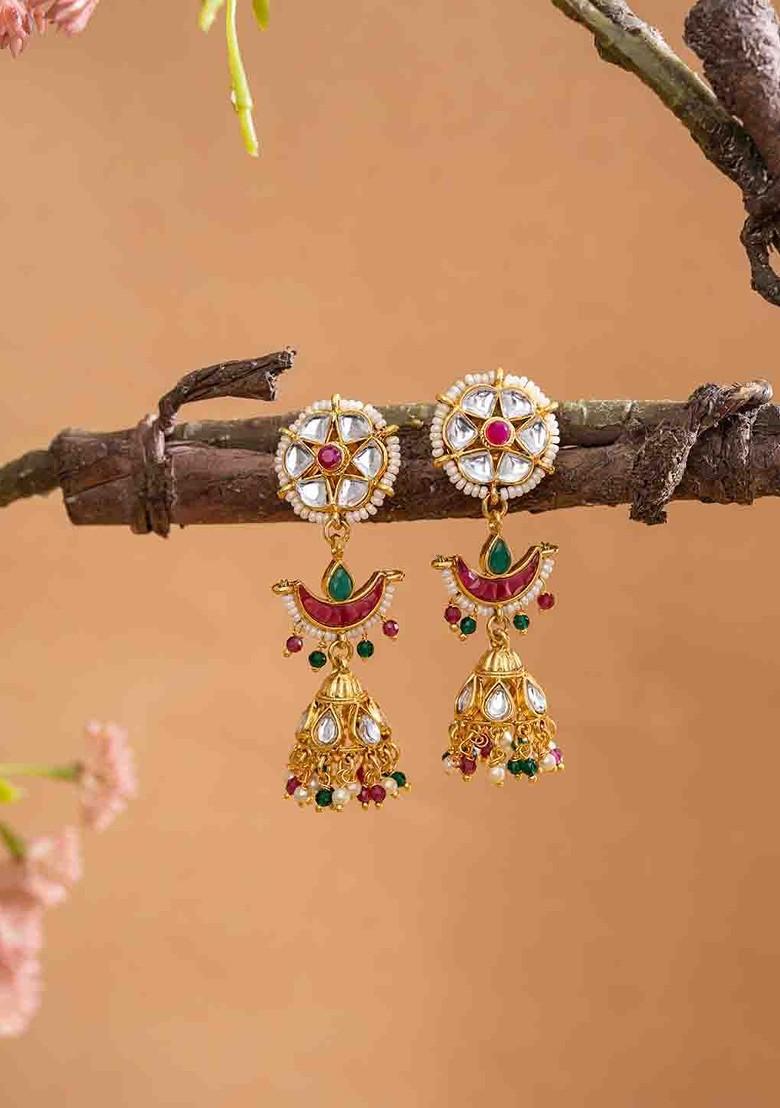 Gold Plated Artificial Stones Studded And Beaded Contemporary Shaped Jhumkas