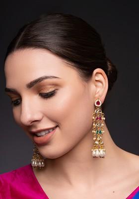 Gold Plated Artificial Stones Studded And Beaded Contemporary Shaped Drop Earrings