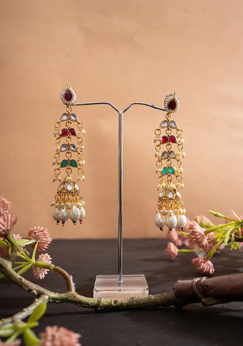 Gold Plated Artificial Stones Studded And Beaded Contemporary Shaped Drop Earrings